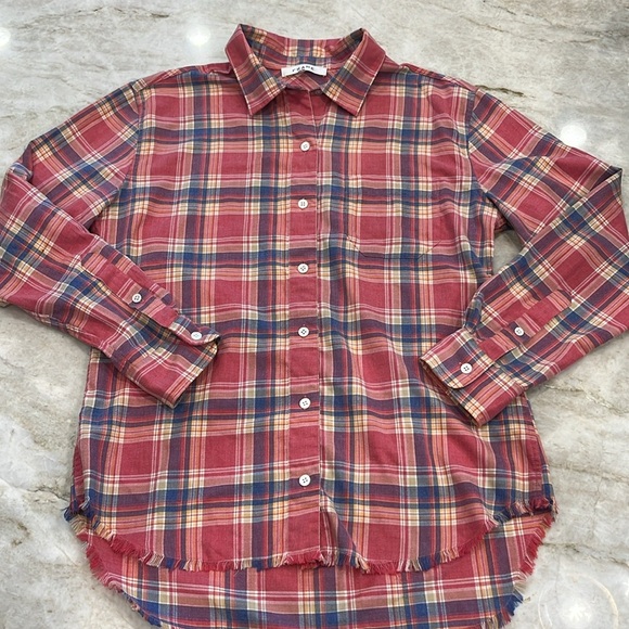 FRAME Fray Hem Flannel Top in Light Red Check Men's Size Small Preppy Plaid Boho - Picture 6 of 14